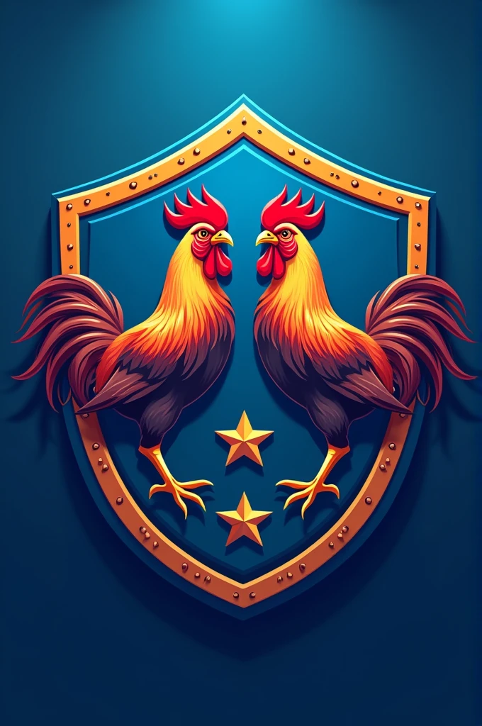 Football shield with two roosters on a blue background and two stars 