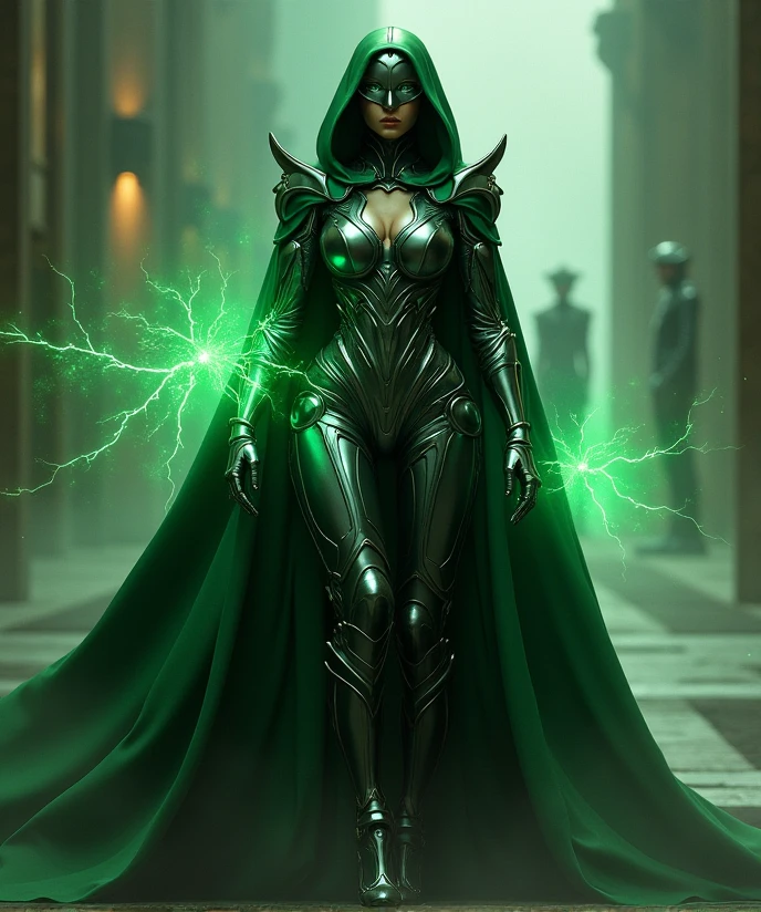 (Female version of Doctor Doom:1.4), (powerful and commanding stance:1.4), (intricate, armor-like suit:1.3), (dark, polished metal:1.3), (slightly feminine silhouette:1.4), (sharp, angular edges:1.3), (slender, feminine face mask:1.3), (long, flowing green cloak:1.4), (billowing dramatically in the wind:1.4), (unleashing crackling green energy:1.4), (mastery over technology and magic:1.4), (dark and ominous background:1.3), (faint, shadowy figures:1.3), (ruins in the distance:1.3), (rich color palette of deep greens, dark grays, and metallic silvers:1.3), (bright green energy illuminating the scene:1.4), (reflective surfaces of armor:1.4), (depth and intensity:1.3)