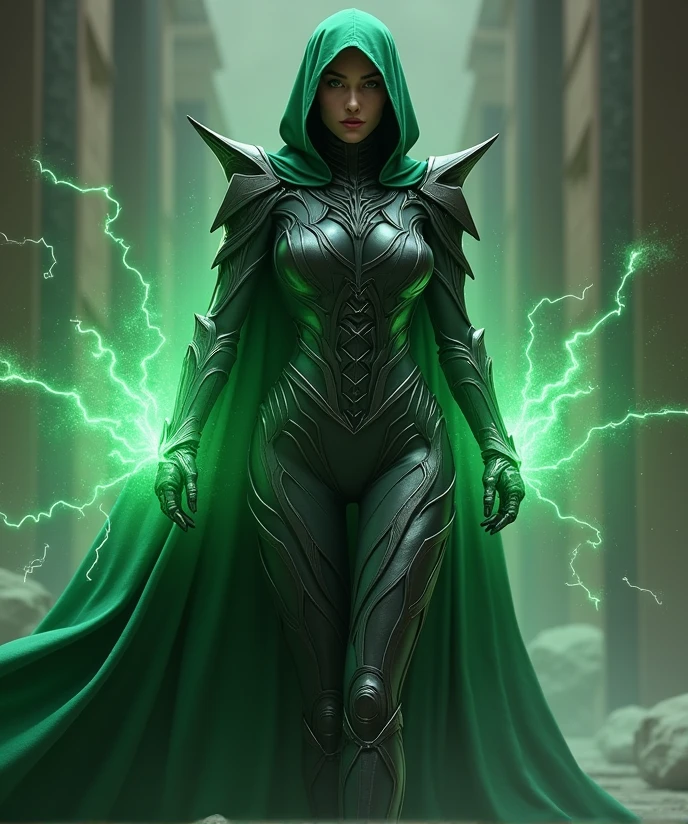 (Female version of Doctor Doom:1.4), (powerful and commanding stance:1.4), (intricate, armor-like suit:1.3), (dark, polished metal:1.3), (slightly feminine silhouette:1.4), (sharp, angular edges:1.3), (slender, feminine face mask:1.3), (long, flowing green cloak:1.4), (billowing dramatically in the wind:1.4), (unleashing crackling green energy:1.4), (mastery over technology and magic:1.4), (dark and ominous background:1.3), (faint, shadowy figures:1.3), (ruins in the distance:1.3), (rich color palette of deep greens, dark grays, and metallic silvers:1.3), (bright green energy illuminating the scene:1.4), (reflective surfaces of armor:1.4), (depth and intensity:1.3)