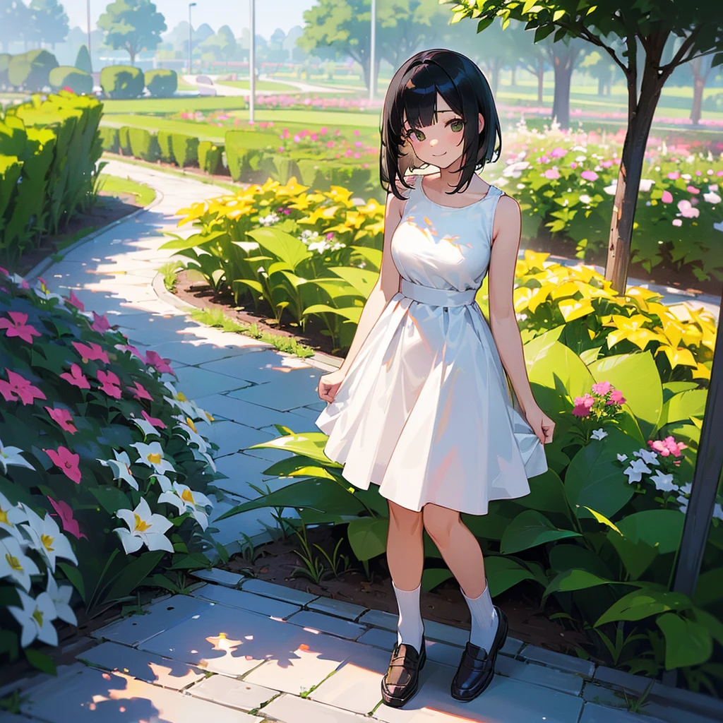 (high quality, High resolution, Very detailed, reality:1.37), Peaceful atmosphere, (Outdoor, garden), Teenage girl standing alone, (my breasts are big.), Beautiful details, Cute Smile, (Black bob hair), White sleeveless dress, White socks, loafers.