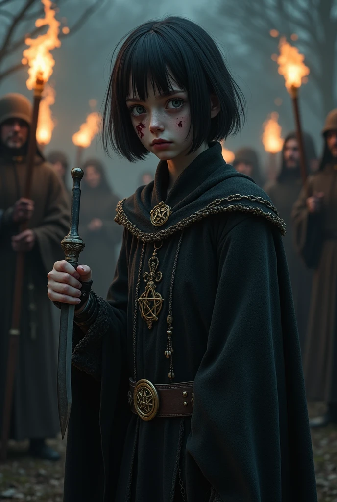 Pale girl with short black hair, from the realistic middle ages, blue eyes dark clothes with prosthetic arm steampunk detailed pentagram, cut on the face, the night, with a religious group with fire behind, detaileds.