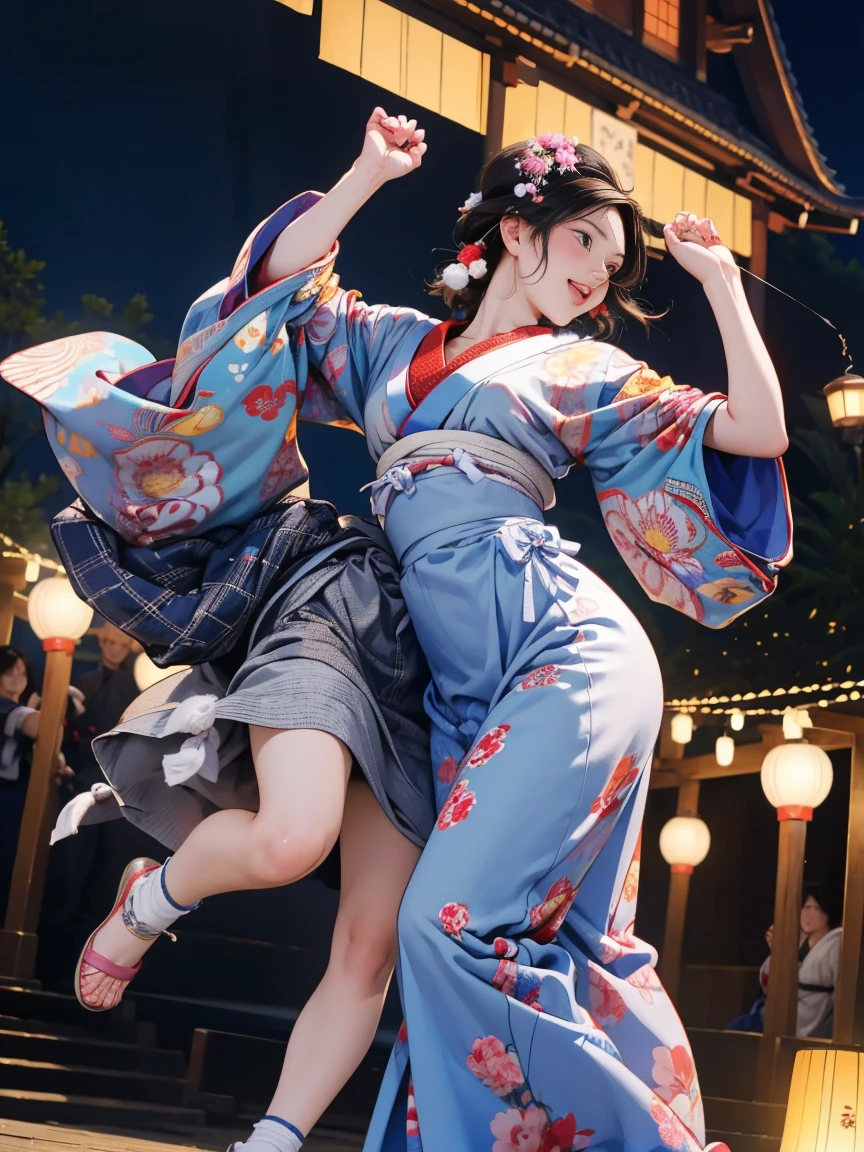 (Japan Bon Odori,最高masterpiece,Highest quality), Hot August,Brown and black bob hair,In the park square,(They dance in a circle around a stage decorated with lanterns.),Bright vibrant anime art,People of all ages and genders dance and dance, Dancing in yukata,Laughing and dancing, Showing white teeth,Men and women dance in a circle, masterpiece,Highest quality,High resolution,