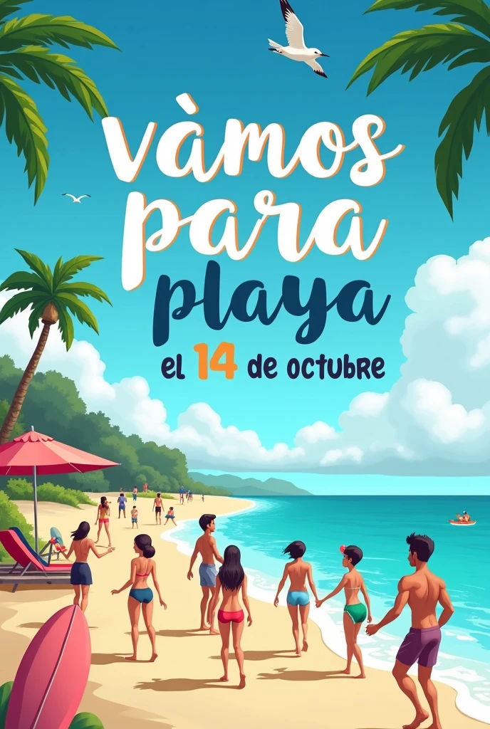 image inviting people to go to the beach with some letters appearing saying" vamos para la playa 🏖️ el 14 de octubre" no se te olvide agregar la fecha 📆 en la imagen