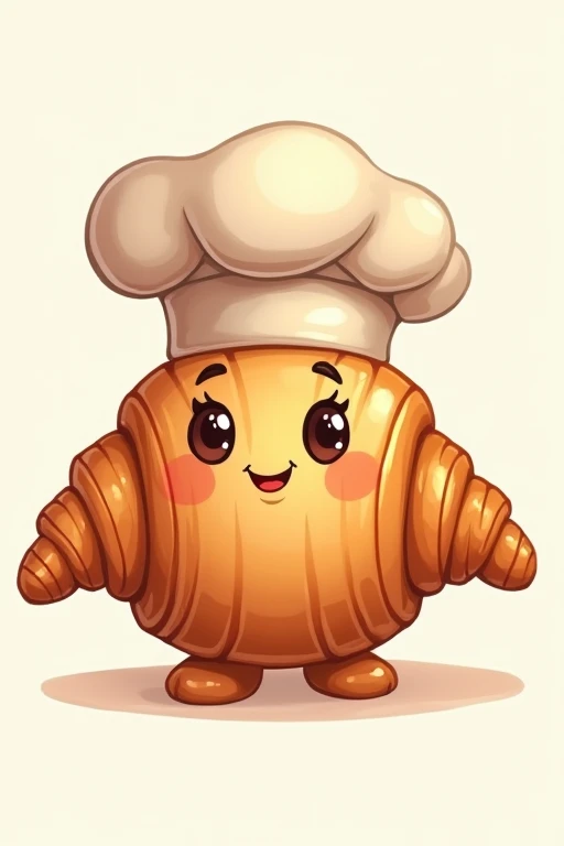 Friendly animated character of a croissant with a baker's hat for a logo