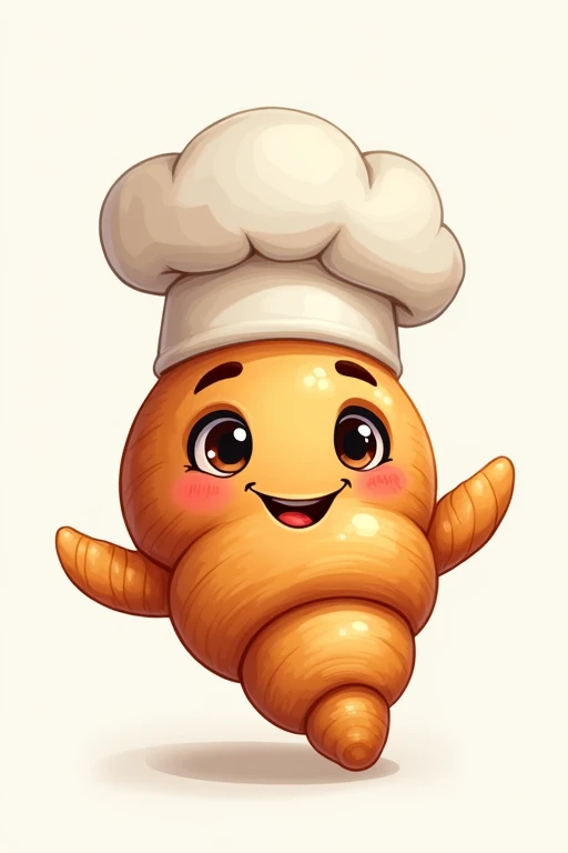 Friendly animated character of a croissant with a baker&#39;s hat for a logo 