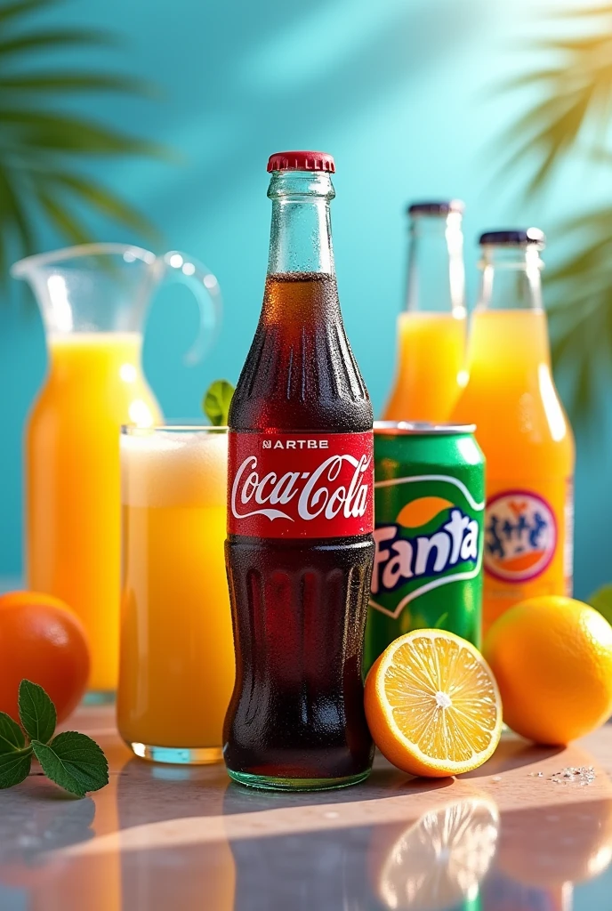 coke bottle, sprite, fanta, lemon juice, orange juice and beer