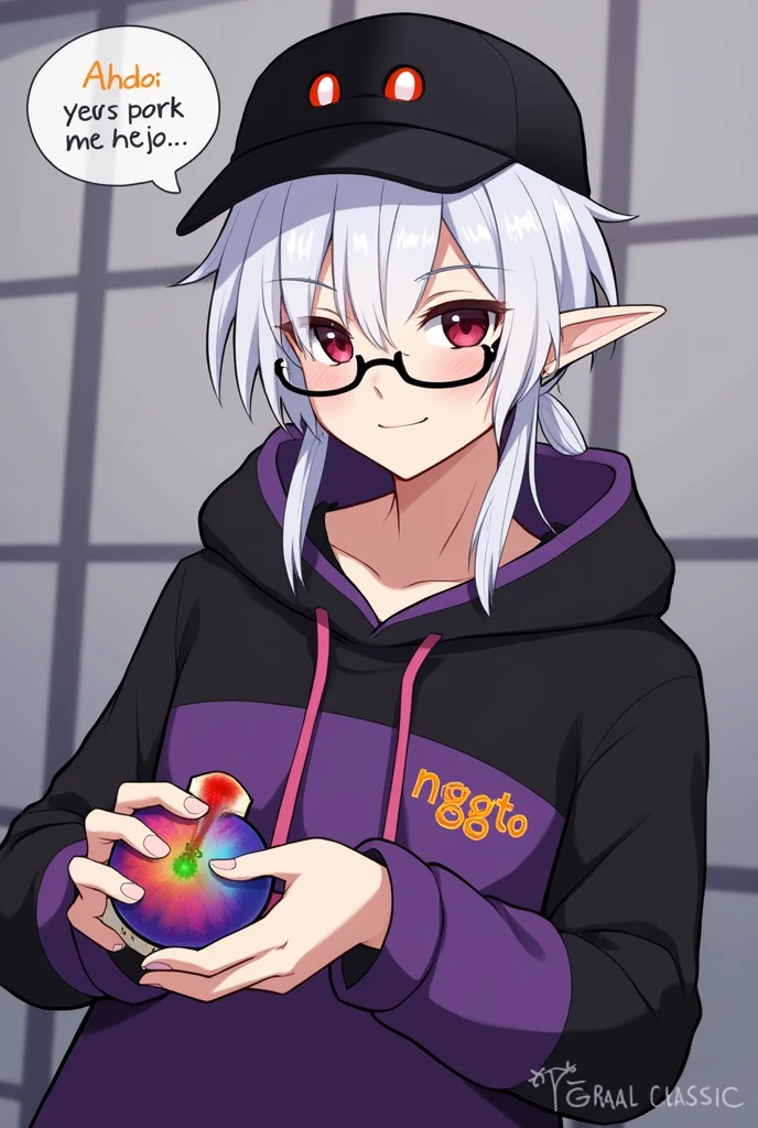 young man, Black skin tone, dark red eyes, elf ear small size, black earring in the shape of a cross but with two ears, wears prescription glasses, White hair, hair tied with ponytail, 2 strands of hair in the front, wears a black cap with a cat face, wears a closed hood with two different colors, black on one side and purple on the other, with an orange name written: NGGTO. Holding a gralats of the graal online classic colorful