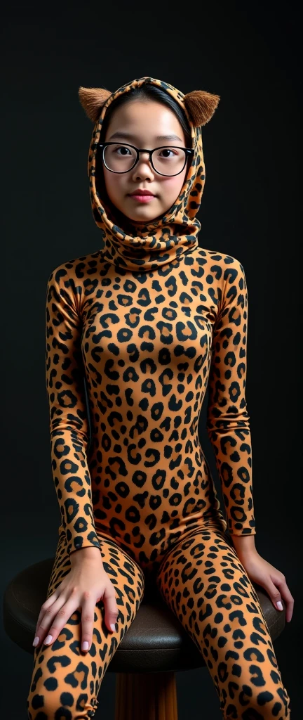 A beautiful and thin chinese contortion girl wearing a pair of glasses wears  leopard print lycra turtleneck unitard catsuit.She always wear leopard print lycra dancewear hijab-like costume hood.She is sitting on the circus pedestal.

