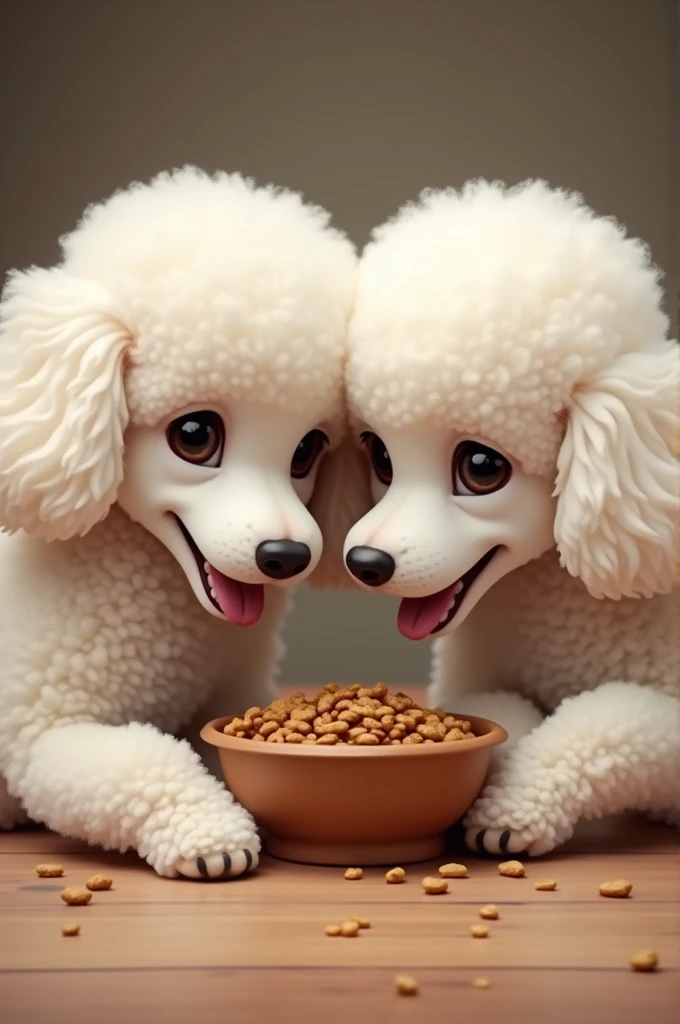 Two white French poodle dogs eating together from a bowl