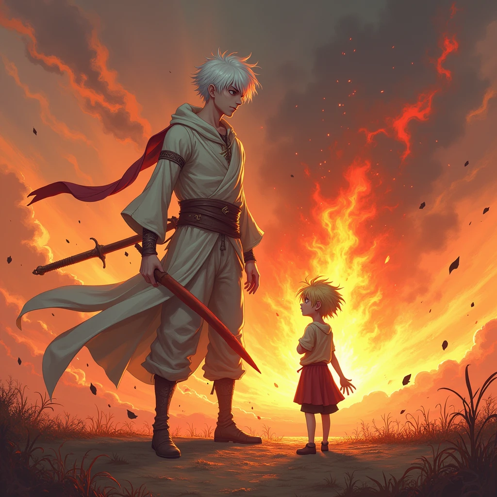 has an 1 boy who is 1.70 and he's an albino, against a 2 man who is 2 feet tall.10 meters and he is blonde, in an epic battle with fire and a barely beginning dawn, These are with wounds and blood. Make them in 2d and as if it were an anime