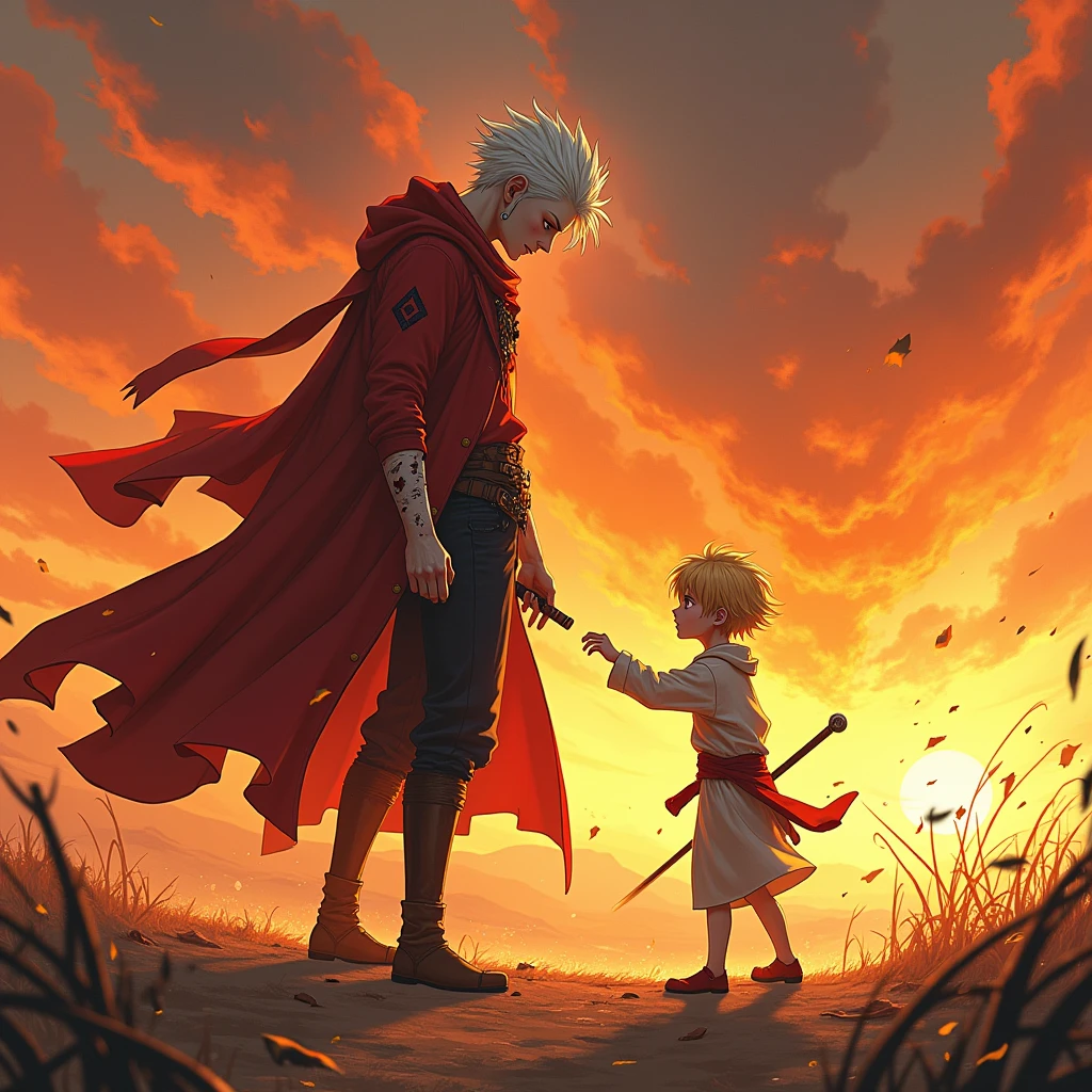 has an 1 boy who is 1.70 and he's an albino, against a 2 man who is 2 feet tall.10 meters and he is blonde, in an epic battle with fire and a barely beginning dawn, These are with wounds and blood. Make them in 2d and as if it were an anime