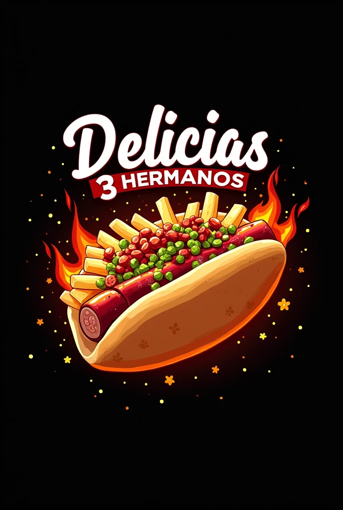 Make me a logo with a drawing of a Salchipapa, with a black background and little flames and the name of delicias 3 hermanos 