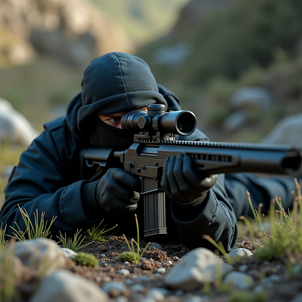 Sniper lying down pointing gun forward 