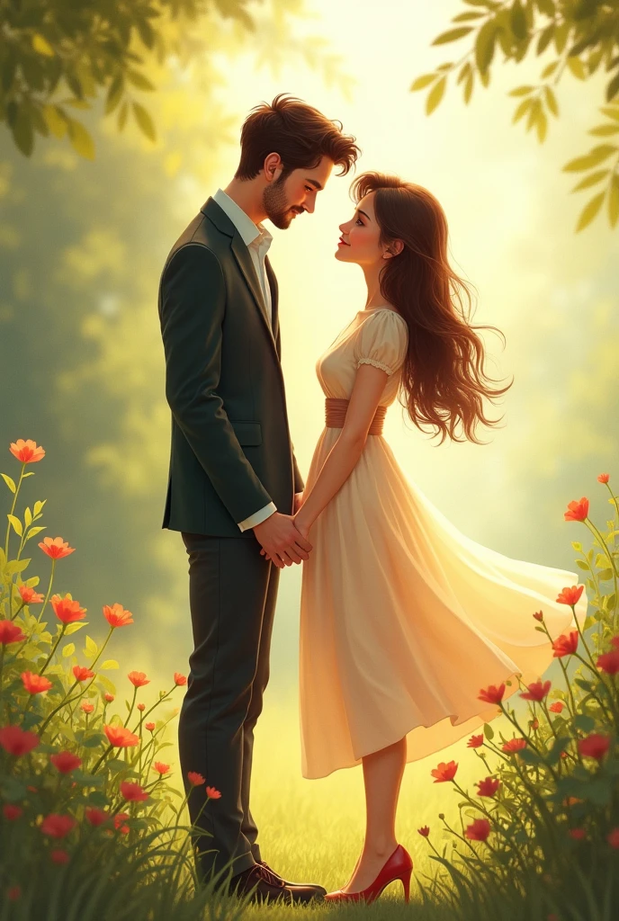 a cute man and a little woman, turning their backs and clasping their hands