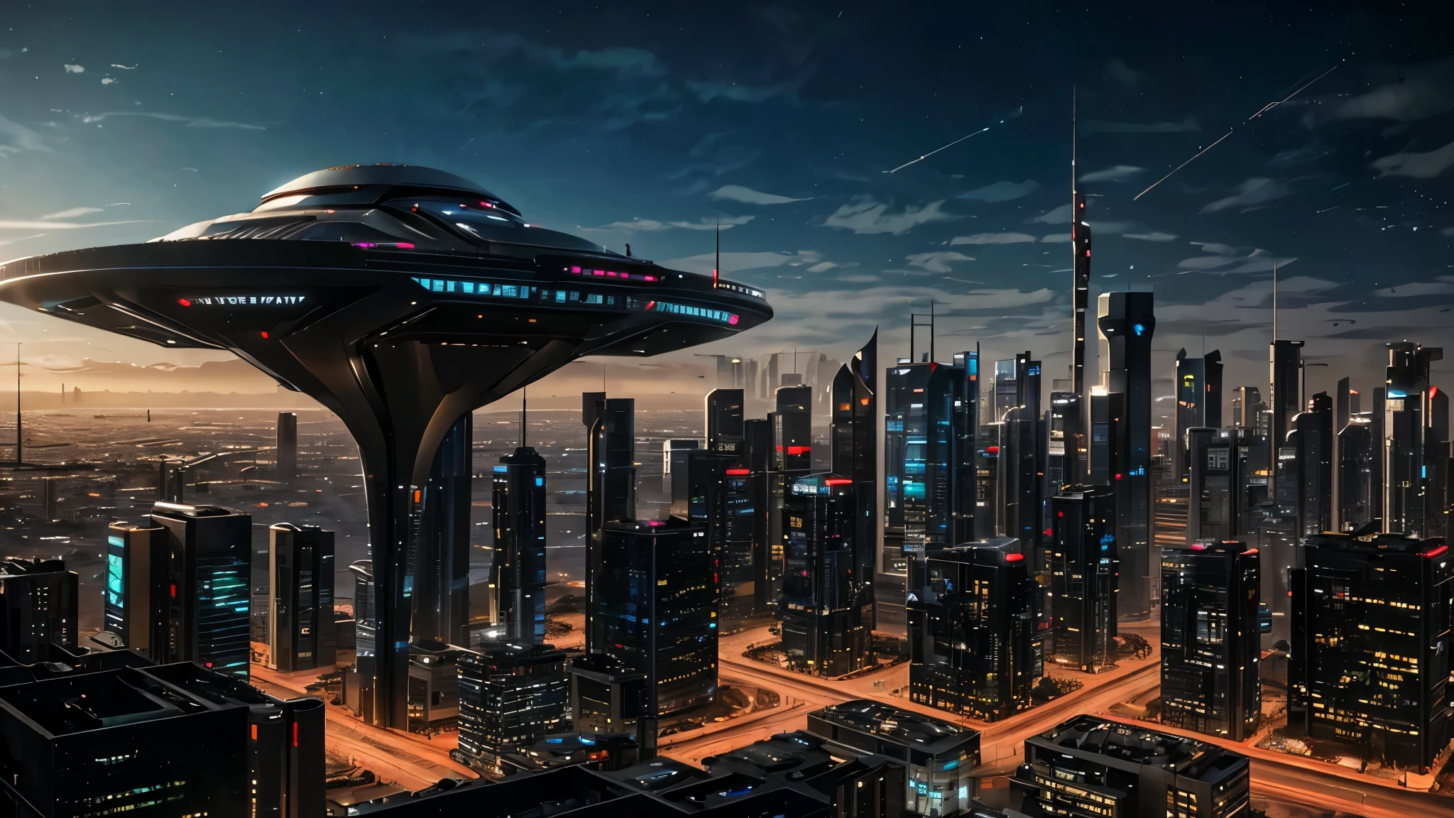 a GIRL with black sunglasses, a balcony of a futuristic building, aerial view of an ultra-futuristic megalopolis, many metal buildings and houses in dark colors from dark blue to black, a cidade tem tons de cinza metal, has smoky metal structures , industrial environment with smoke and fog around, carros escuros nas ruas, desert megalopolis, trilhos e trens modernos de de metal passando estre as ruas da cidade, tall futuristic metal buildings, many ultra modern buildings around, realistic, detailed, Science fiction