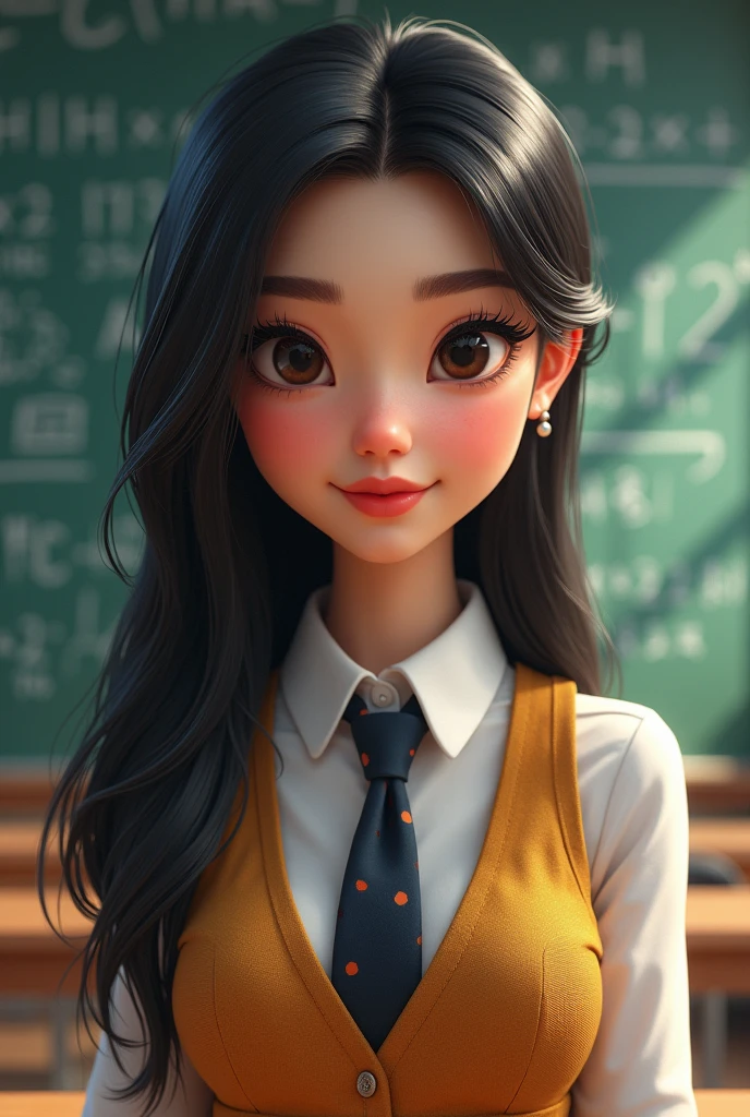 make me a math teacher, that in the background it looks like the math classroom, make me a nice little piece, body, that is about 3, with thick eyelashes and eyebrows, with little makeup, with thick, pink lips, with long black hair parted in the middle and wearing a math uniform or being well dressed
