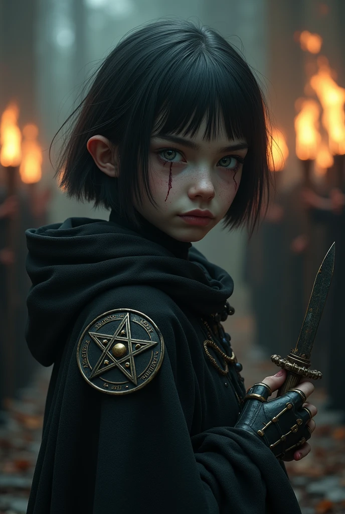 A pale girl with short black hair, from the middle ages 3D, realisitic,Arcanum, with light eyes dark alchemist clothes, left arm prosthesis, steampunk with pentagram, cut on the face, look of suffering and hate, dagger, the night, with a religious group with fire behind.