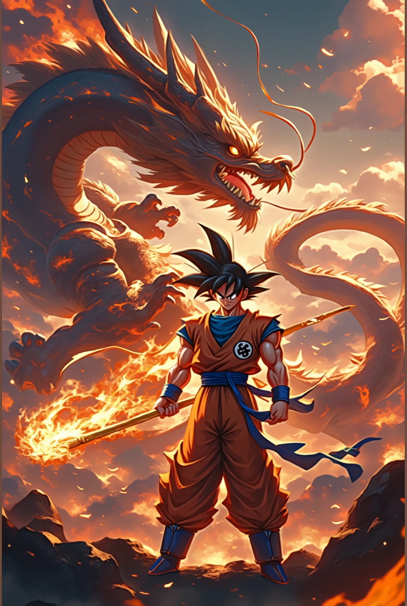 Goku rides on the head of a huge armored dragon,Goku focus,holding his golden staff in one hand,pointing forward to attack,fine details,Goku's fire-breathing eyes,intense scenes,behind him,stands the Sun God,all red flames,forming a strong contrast between light and dark. The background features dark clouds and smoke with clear detail,the background features monsters and demons that appear in hell with smoke rising from underneath them,strong contrast between light and dark,high resolution,rich detail,high quality,with the style of Chinese mythology,seeing through the whole body,fine detail and high resolution,high quality,the best quality,high resolution,extremely detailed CG,Perfect lighting,8k wallpaper,