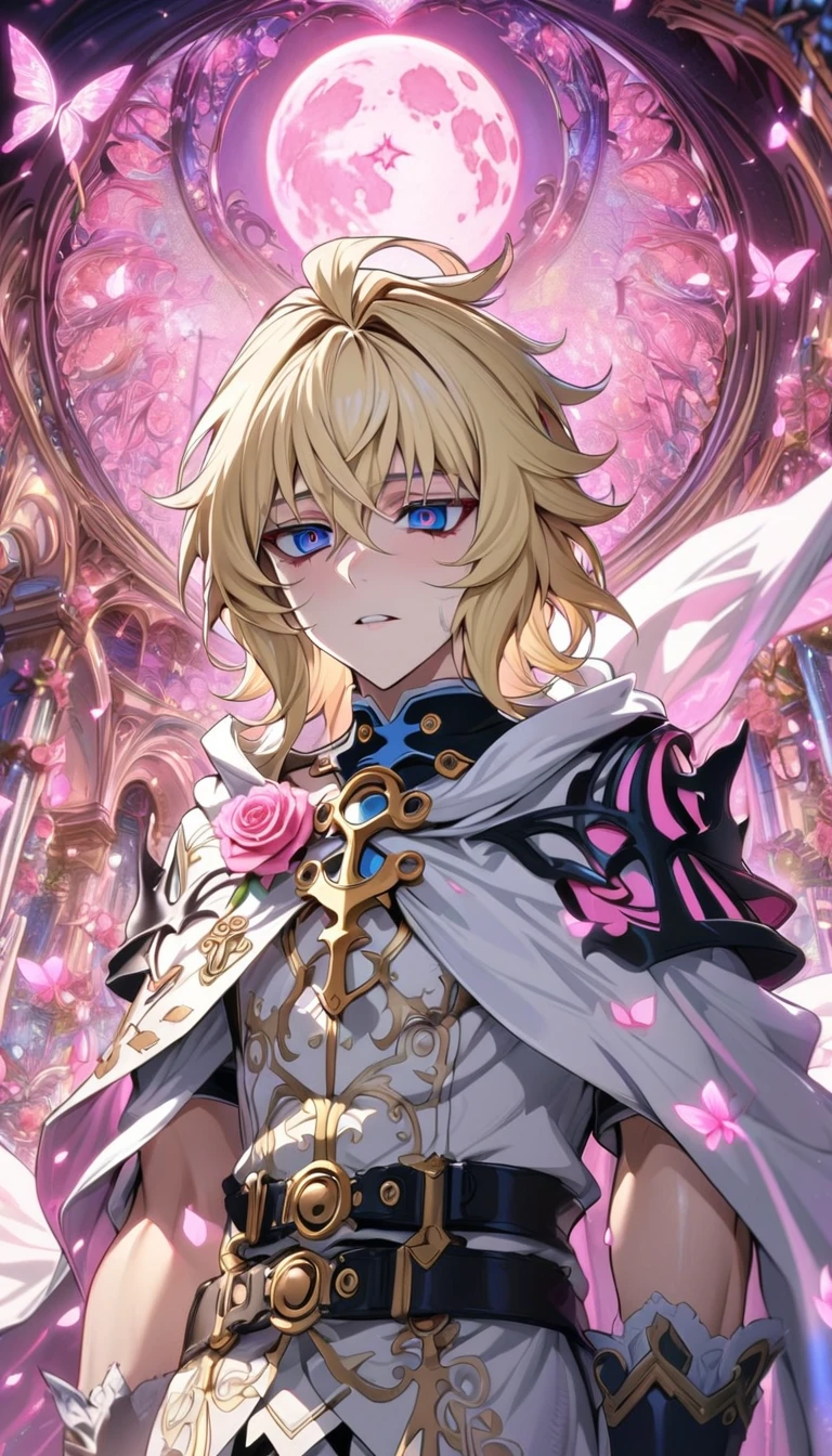 absurdres, highres, ultra detailed, HDR, masterpiece, extremely detailed, detailed eyes, detailed face, Hyakuya Mikaela, blonde hair, expressive blue eyes, Owari No Seraph, solo, sexy man, adult face, mature man, handsome, white clothes, white cape, white gloves, black belt, patterns, pink roses, pink petals, fantasy, magical, pink moon, pink glittering butterflies, pink round lights
