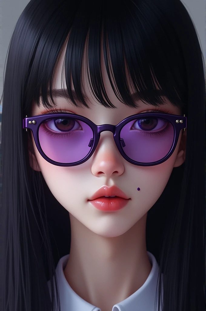 girl with straight black hair, black half slanted eyes, a mole under the lip of fair-skinned girl with purple glasses