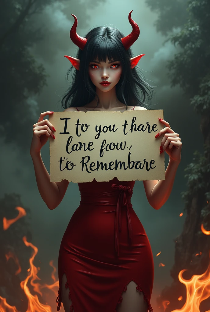 a realistic Female devil holding a sign saying “We Will Miss You CJ We Love You!”