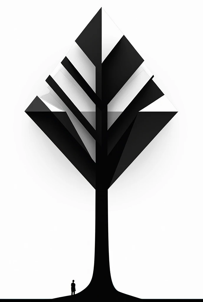 Tree with large crown and smaller trunk in black and white geometric shapes