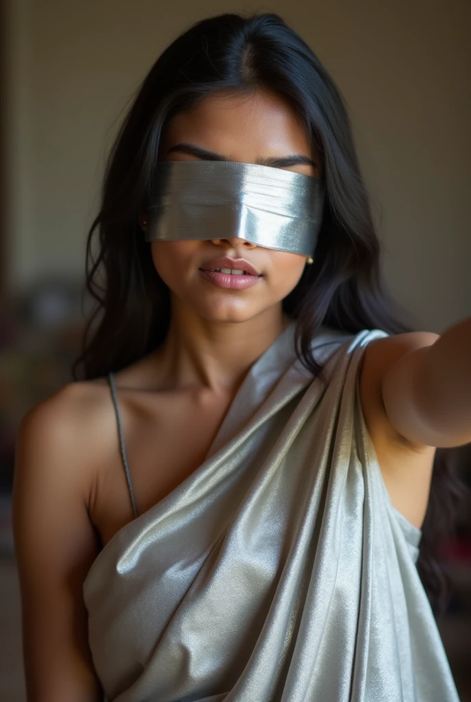 Aesthetic Indian Girl folded Duct tape gagged in sexy ver shimmering prom saree Taking selfie