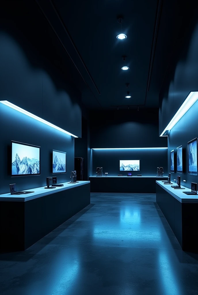 Modern electronics store with no people inside, black with blue lights