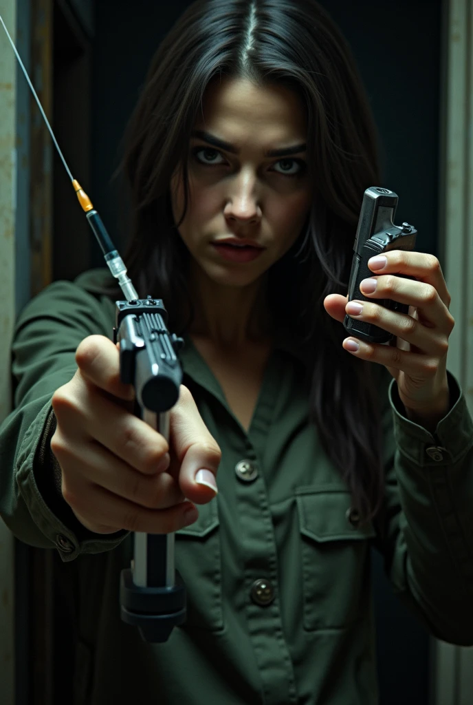 Woman giving herself an injection in the arm while holding a gun