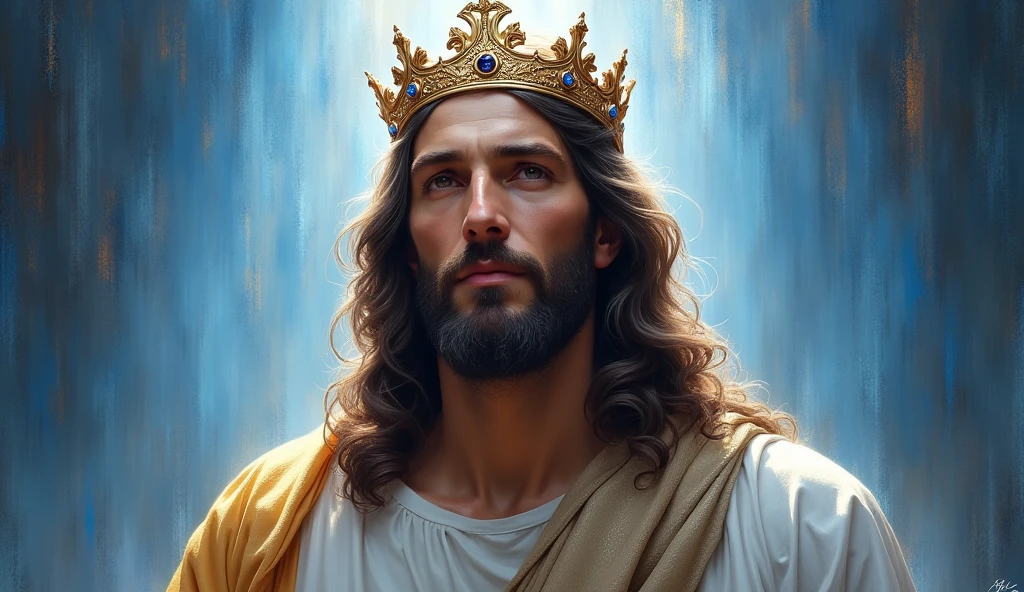 Jesus with a king's crown on his head, JesusChrist, the lord and savior, portrait of JesusChrist, Jesus of Nazareth, brilliant light masterpiece, jesus, greg olsen, king of kings, beautiful image already created, image background a kingdom of beautiful, blue and silver colors, sua mente contemplando a eternidade, glorious light,!! with a serene look and a slight smile!