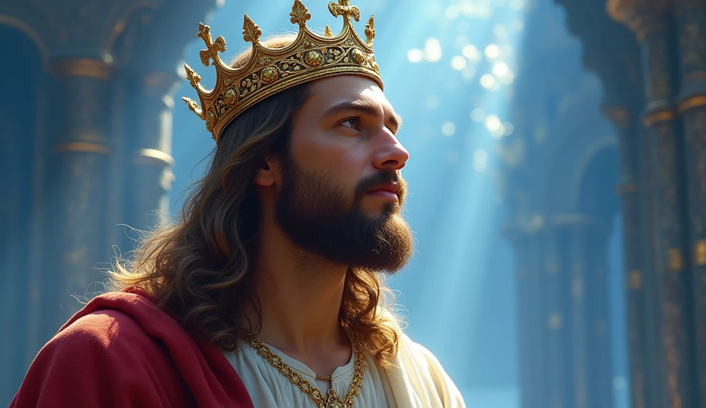 Jesus with a king&#39;s crown on his head, JesusChrist, the lord and savior, portrait of JesusChrist, Jesus of Nazareth, brilliant light masterpiece, jesus, greg olsen, king of kings, beautiful image already created, image background a kingdom of beautiful, blue and silver colors, sua mente contemplando a eternidade, glorious light,!! with a serene look and a slight smile!
