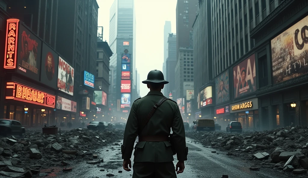 1940; (masterpiece, best quality) destroyed city street Time Square (New Yotk) American soldier going to war