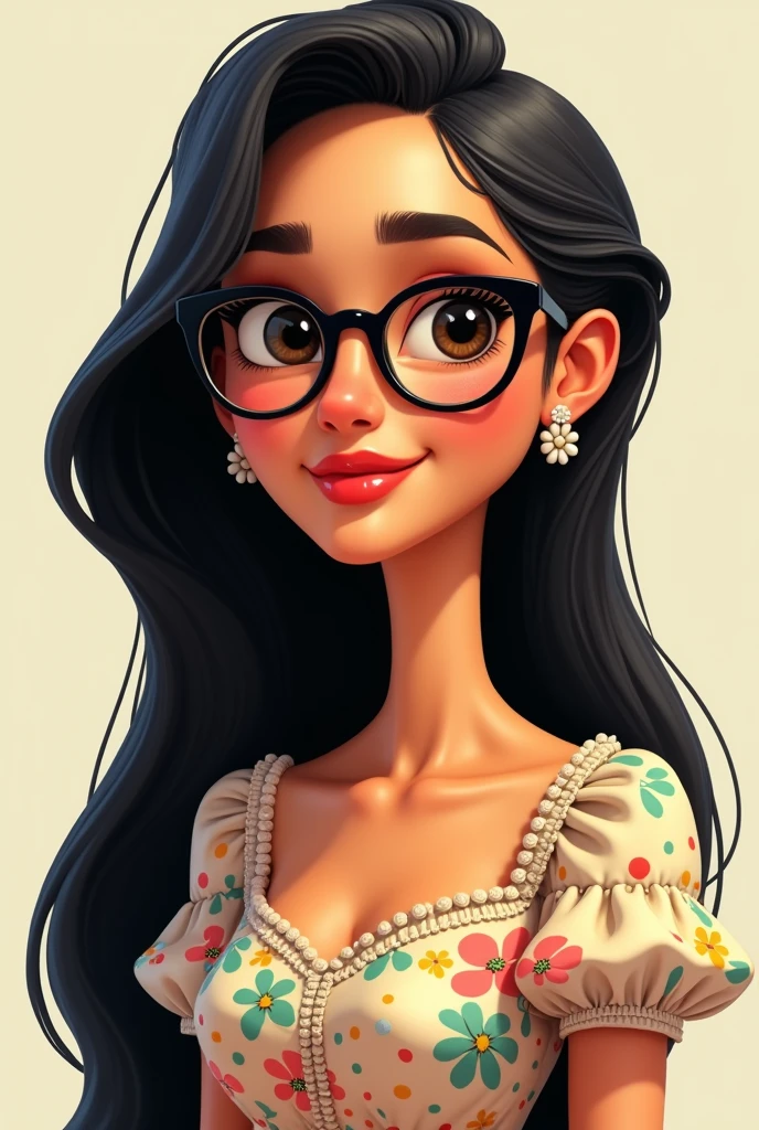 Pixar style drawing of a Brazilian woman wearing a floral dress with a high collar and princess-style sleeves, She has very long, straight dark hair combed to the side, very thin lips and wears round reading glasses with black frames. She has a mole on her neck, white skin and slightly slanted eyes.. She is not very thin