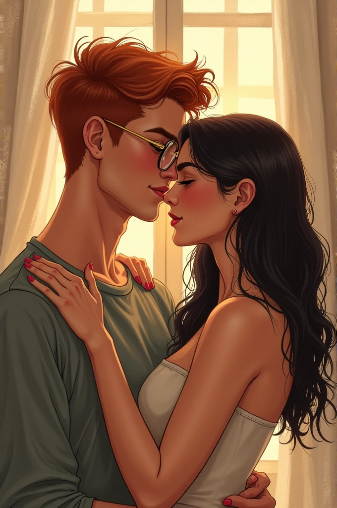 Drawing of a redhead and dark brown gay couple, taller redhead with gold glasses, and the dark brown one doesn&#39;t wear glasses, The dark brown one has a half-grown mustache 