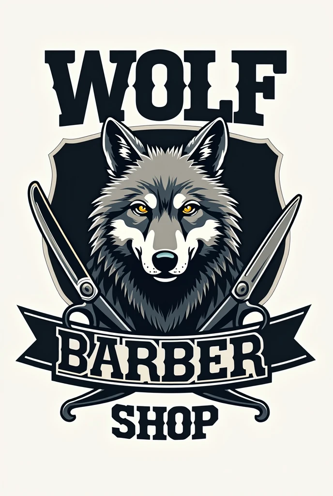 Logo for a barbershop that says wolf barber shop with urban style letters that has a gray tabby wolf with hair cutting scissors and beard razors