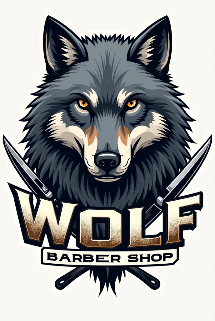 Logo for a barbershop that says wolf barber shop with urban style letters that has a gray tabby wolf with hair cutting scissors and beard razors