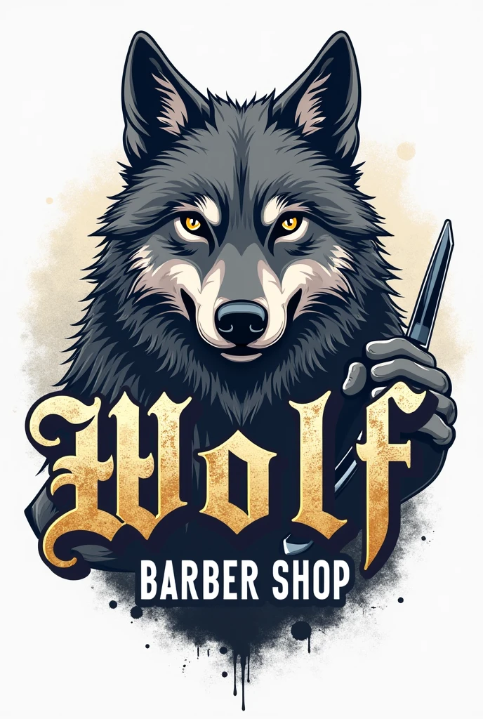 Logo for a barbershop that says wolf barber shop with urban style letters that has a gray tabby wolf with hair cutting scissors and beard razors