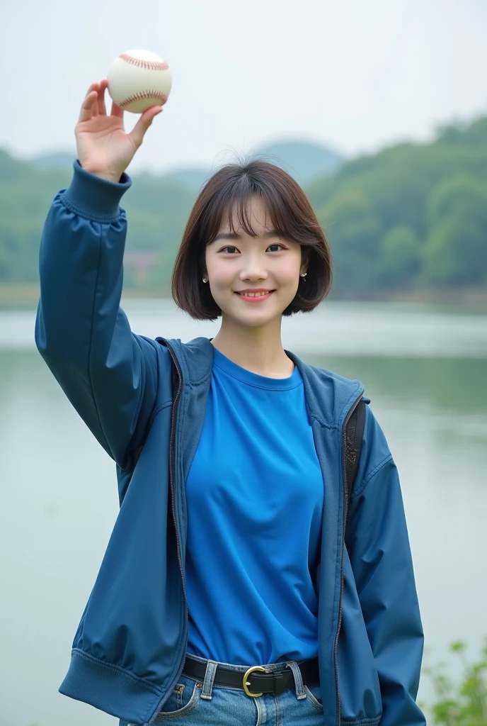 Highly realistic 8k photos, reservoir background, Hold the baseball with one arm raised high next to your body and in plain view., Korean woman, Wearing a blue T-shirt and a blue jacket on top, Wearing jeans, standing face to face, Looking at the camera, short hair, A little smile, Full focus