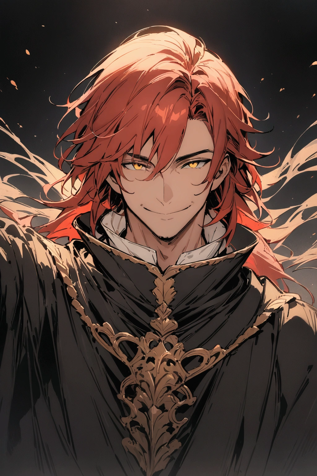 ((masterpiece)), ((best quality)), (from front, facing front:1.2), (half-body shot:1.3), 1man, mature male, solo, detailed yellow eyes, red hair, black plain medieval robe, white shirt, smiling