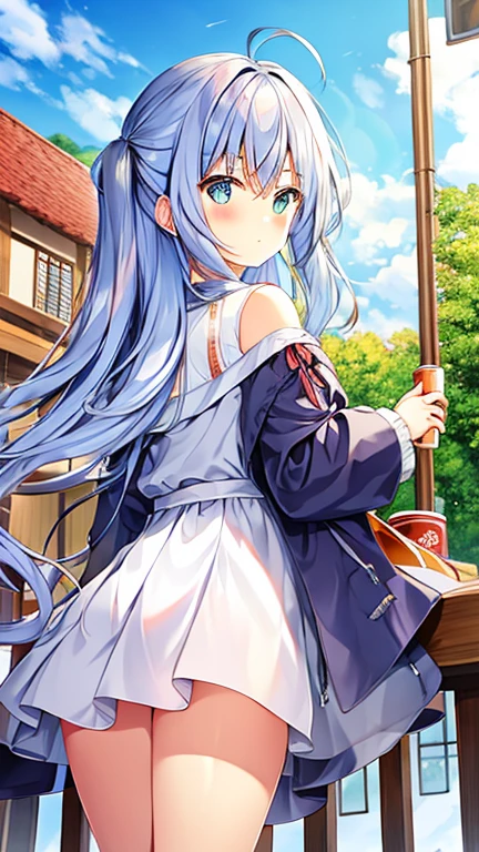 Anime girl in blue dress with flowers, Light blue long hair、Twin-tailed、Cute anime waifu in a nice dress, in dress, rem rezero, offcial art, Anime princess, Lori, beatrice blue, zerochan art, royal elegant pose, official artwork, splash art anime lolisif, Kushatt Krenz Key Art Women, detailed fan art, Beautiful teenage