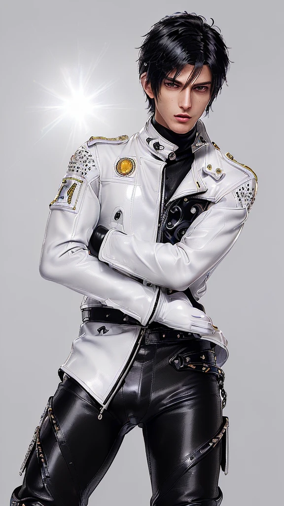 ((Final fantasy taste and reality graphics)), ((Japanese young cute and cool ikemen  boy)), his age is early 20s, thin eyebrows and beady eyes,  ((((he wearing white color and very shining brightly enamel leather thick single-brest jacket)))), ((with epaulet)), ((enamel leather jacket close all zippers)),, ,(( jacket collar is very high length stand-up collar with belts)), , (((also wearing black color turtleneck very shining brightly enamel leather shirts))),  (((tight black and very shining brightly enamel leather pants))), ((((very shining brightly black enamel leather tight and thin glove)))), ((black color and vety shining brightly leather knee-high raceup boots)),head-to-toe, whole body, boy looks like fashion model,Do not show skin from the neck down,(((all his clothes are smooth design and very shining))),(((Avoid adding unnecessary decorations to your clothes))),(((all clothes is simple design and appearance)))