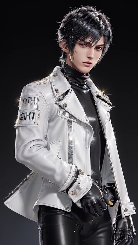 Final fantasy taste and reality graphics, Japanese young cute and cool ikemen boy, his age is early 20s, thin eyebrows and beady eyes, ((he wearing off white color leather thick material jacket)), ((jacket is singlebrest)), biker style jacket, with epaulet, jacket is long sleeve, ((must close the front of the leather jacket)), , ((voluminous leather jacket)), ,((must jacket is high length and stand-up collar)) ((jacket collar with two belts)), ((jacket is a little black color line pattern)),((close the front of the jacket)), ((also wearing black thick material turtleneck lackluster shirts)), ((tight black leather pants)), ((black leather tight and thin glove)), ((black leather knee-high raceup boots)),((must views head-to-toe)),((must views whole body)), ,((Do not show skin from the neck down)),leather jacket leather glove and leather pants have few wrinkles, Avoid showing your innerwear,zip up jacket fastner.must put on a leather glove.
Bous face is expression of ecstasy.
Boy is black hair.boy looks like fashion model.
