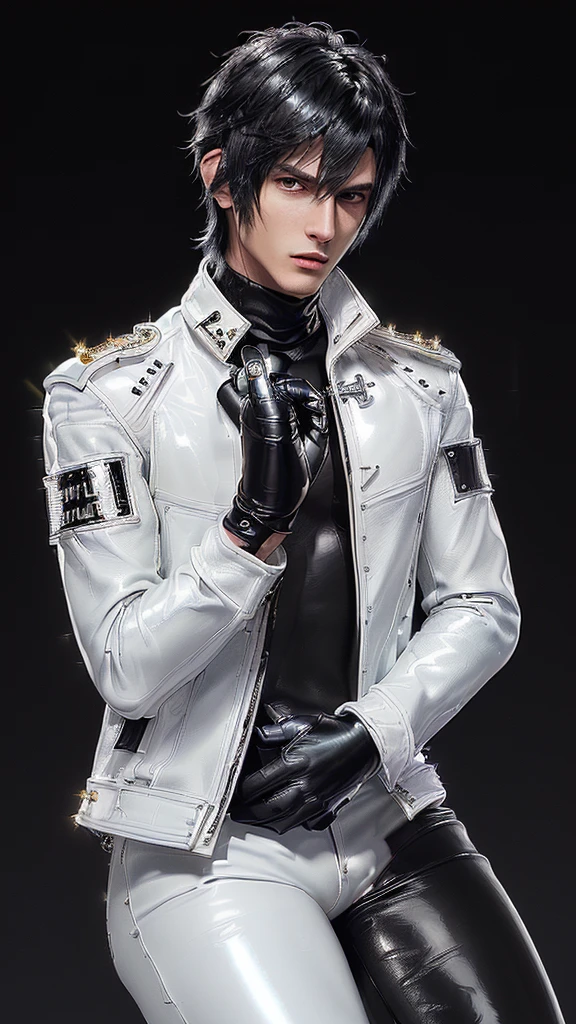 ((Final fantasy taste and reality graphics)), ((Japanese young cute and cool ikemen  boy)), his age is early 20s, thin eyebrows and beady eyes,  ((((he wearing white color and very shining brightly enamel leather thick single-brest jacket)))), ((with epaulet)), ((enamel leather jacket close all zippers)),, ,(( jacket collar is very high length stand-up collar with belts)), , (((also wearing black color turtleneck very shining brightly enamel leather shirts))),  (((tight black and very shining brightly enamel leather pants))), ((((very shining brightly black enamel leather tight and thin glove)))), ((black color and vety shining brightly leather knee-high raceup boots)),head-to-toe, whole body, boy looks like fashion model,Do not show skin from the neck down,(((all his clothes are smooth design and very shining))),(((Avoid adding unnecessary decorations to your clothes))),(((all clothes is simple design and appearance)))