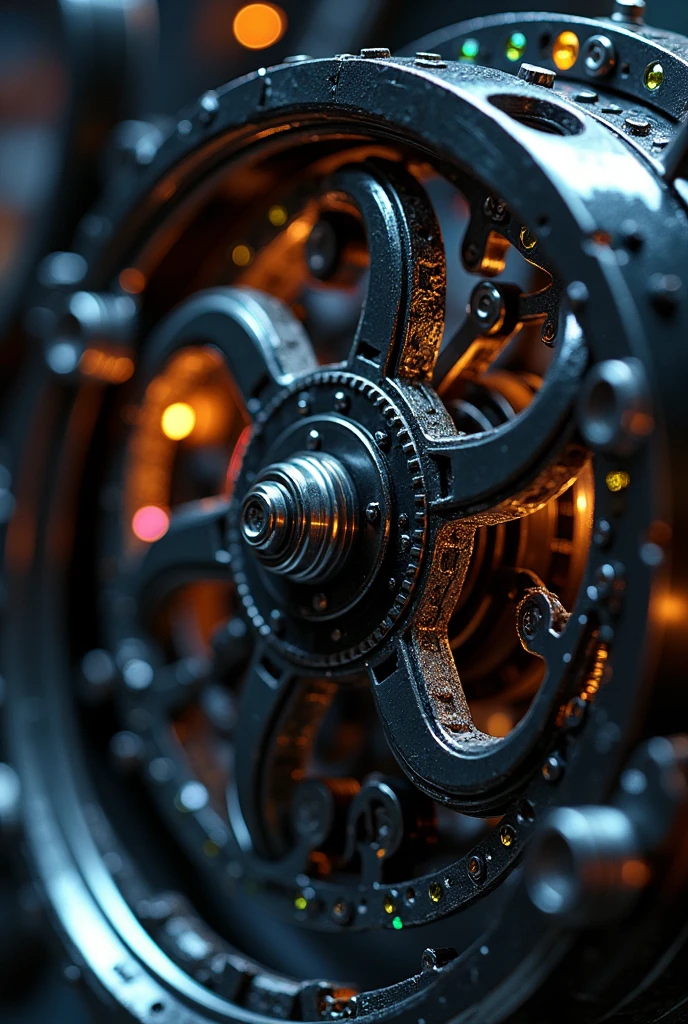 So many beautiful gears and beautiful pinions., close-ups of gears, dynamic camera work, Inside a machine, Beautiful metallic light reflections., Colorful LED growing from the inside, Focus on the pinions and gear system, Black machine oil reflecting lights