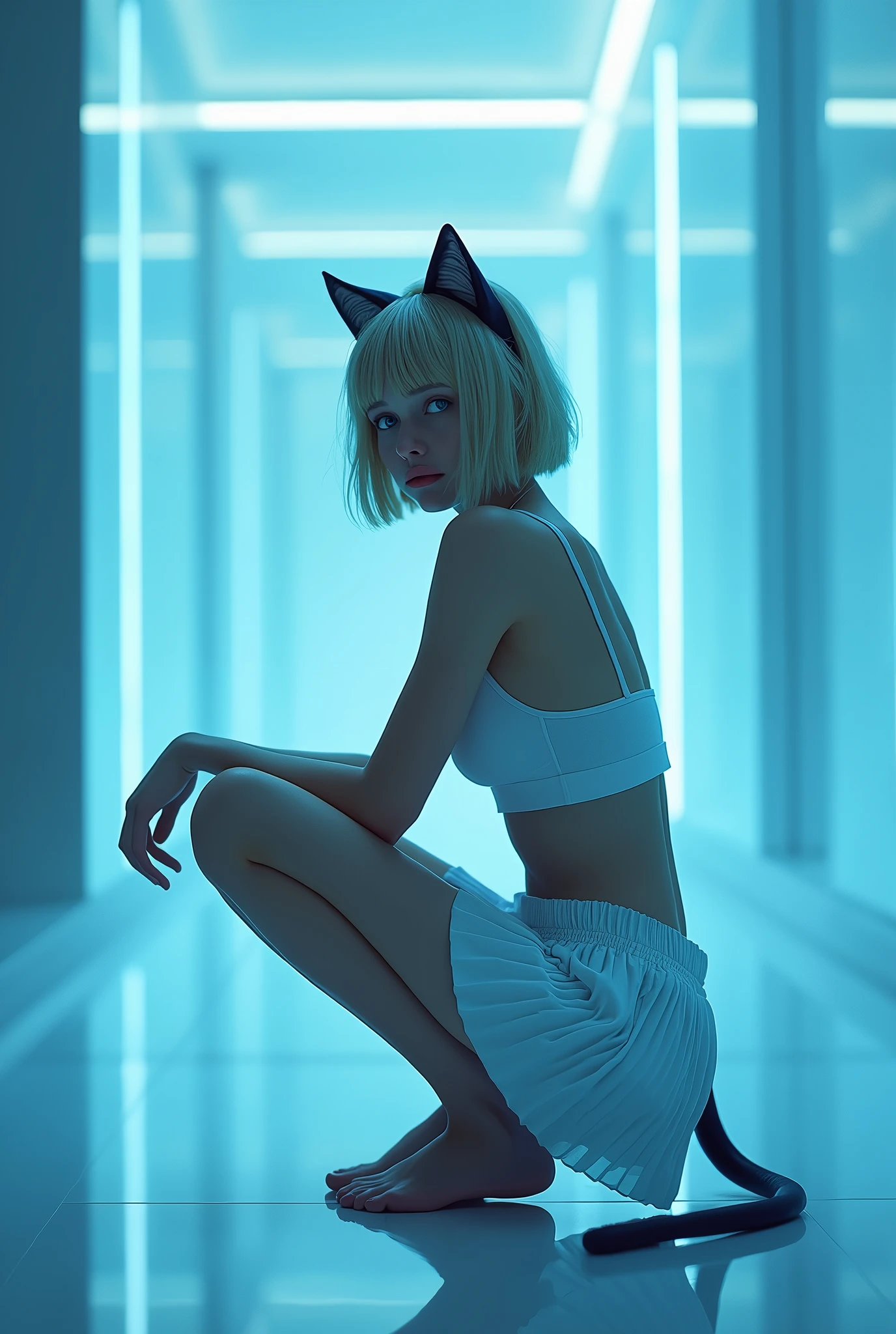 (photorealism:1.2), beautiful woman, swedish, blonde,sad, pensive, assistant, pleated skirt, hite underwear, 18yo, corporate lobby, white floor and ceiling, blue lighting, hologram, projection,looking at camera, short hair, cat ears, cat tail, crouching 