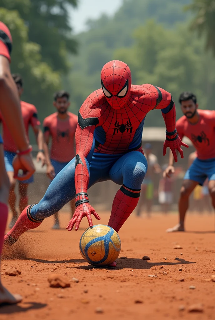 Spider-Man is playing Kabaddi against 7 players in a clay field