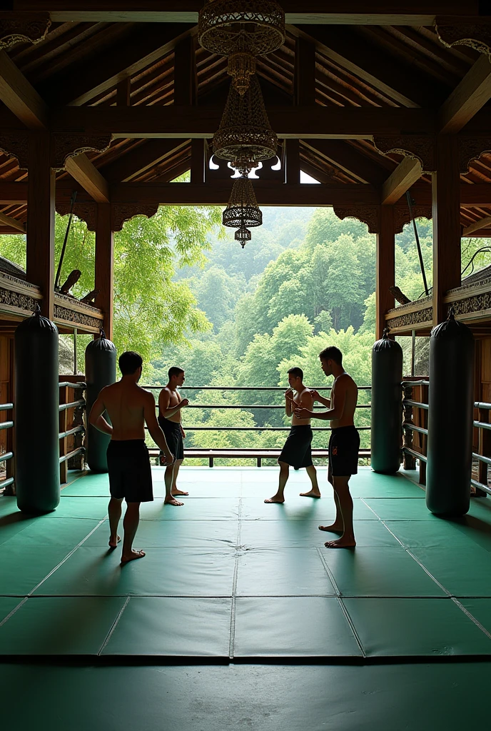 a muay thai gym in traditional thailand, with Thai monuments, an open area on the sides and a closed roof, punching bags and black and green tatami. Academy in the forest, with wooden walls with ring and 6 people trained