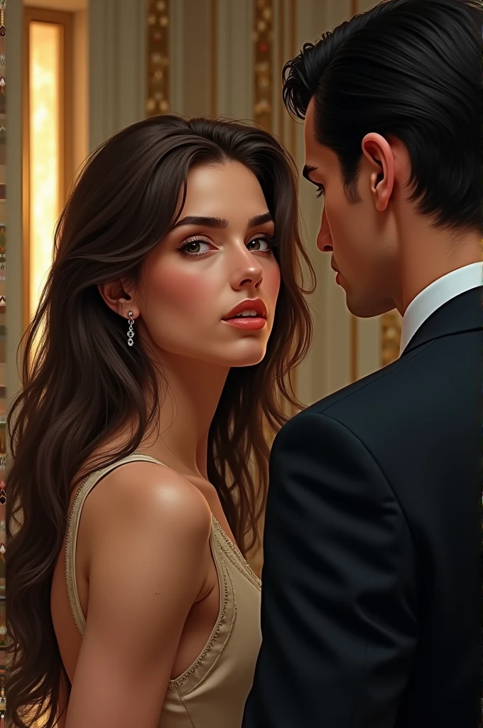 A woman with long brown hair, eyes browns, fine strokes, not wanting to talk to a man with straight black hair, expressive dark eyes, aristocratic origin, who runs after the woman who doesn't want to talk to him Chic environment, PICTURE REALISTIC