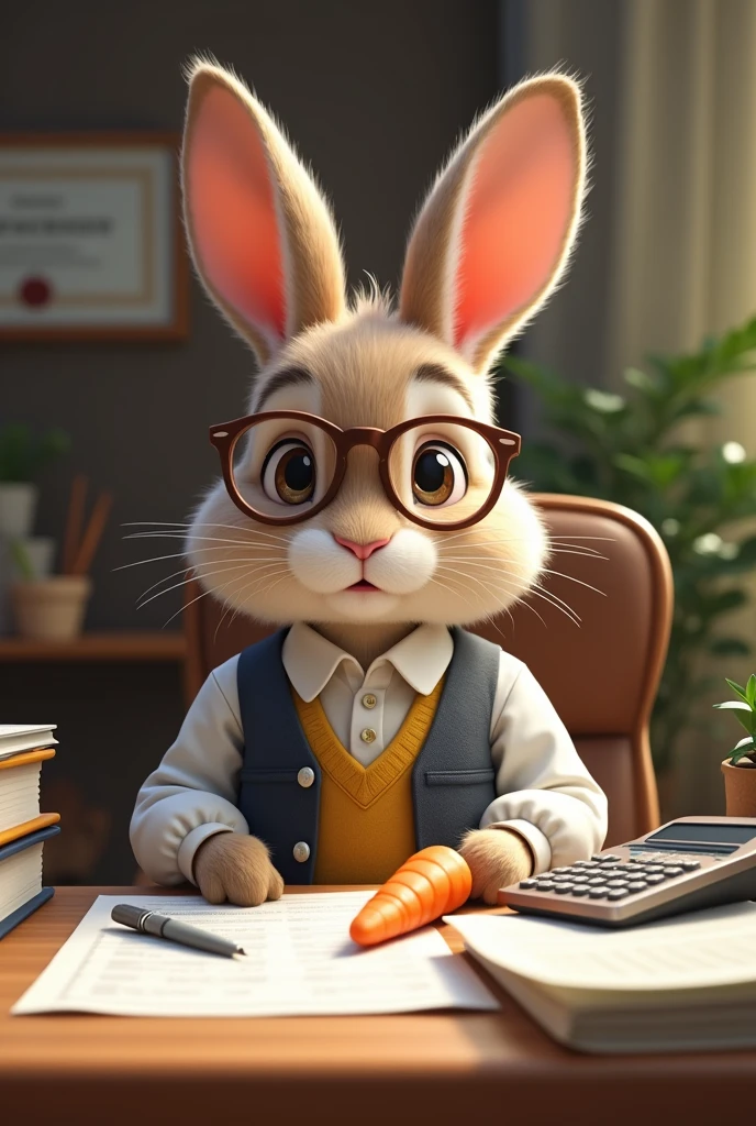 Cute bunny by profession accountant, which is on his table with his calculator, his carrot and his papers