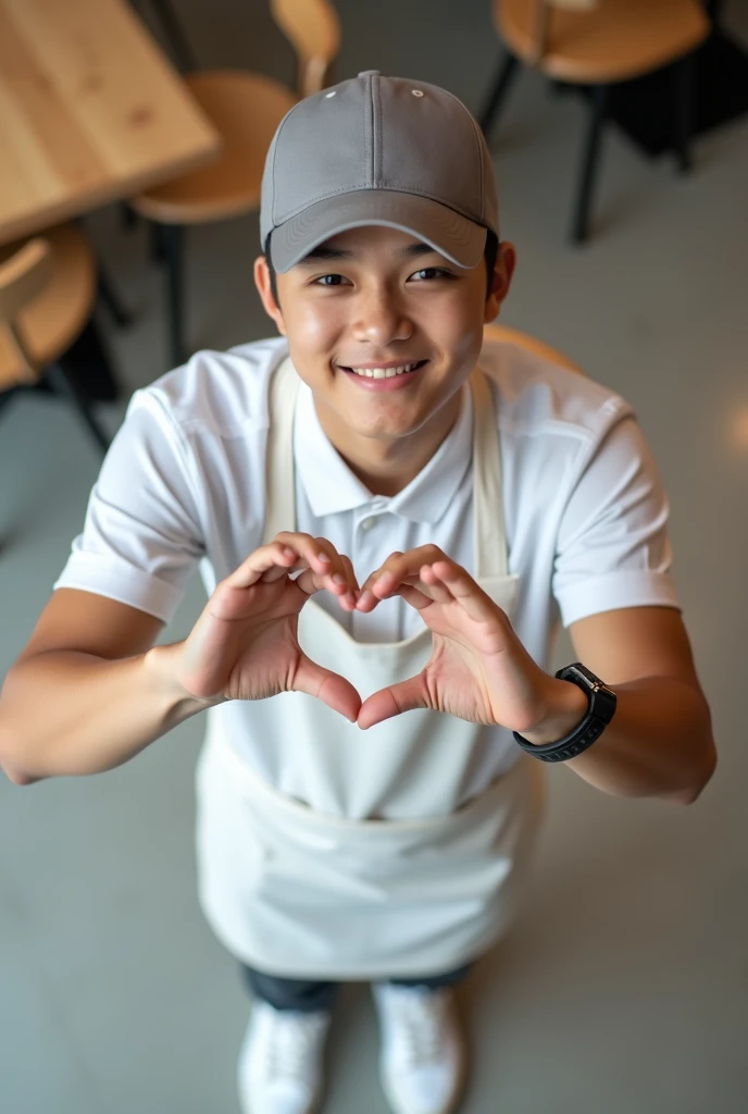 top view of a young Indonesian man,wearing a baseball cap,wearing a waiter uniform with apron,white Nike shoes, standing looking at the camera above ((while his hands sign Cute Korean Mini Love Saranghae Hand Sign)).((making a heart shape with his hands))perfect lighting